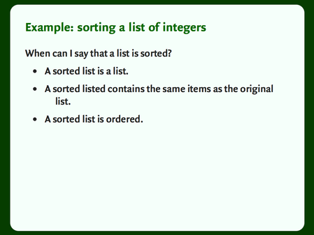 A slide with a bulleted list, titled “When can we say a list is sorted?”