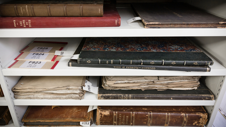 A close-up photo of some shelves, with the spines of large and old books closest to the camera.