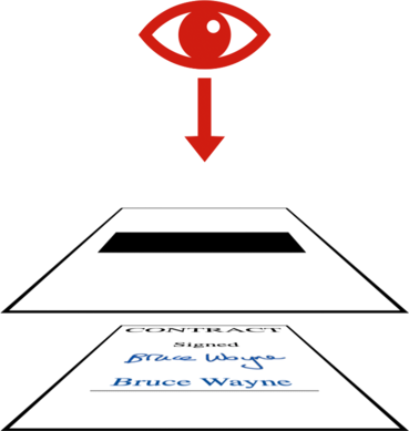 A red eye looking down towards two rectangles (representing layers) that are stacked vertically. The lower layer has the signed contract; the upper layer has a black box.