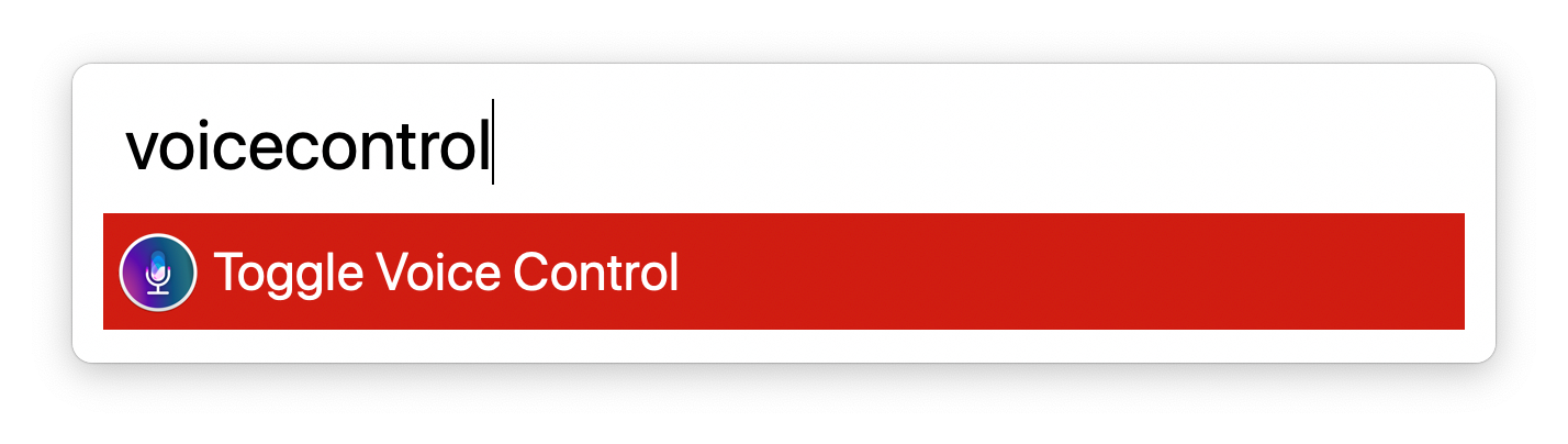 An Alfred search box with the query “voicecontrol” and the selected command “Toggle Voice Control”